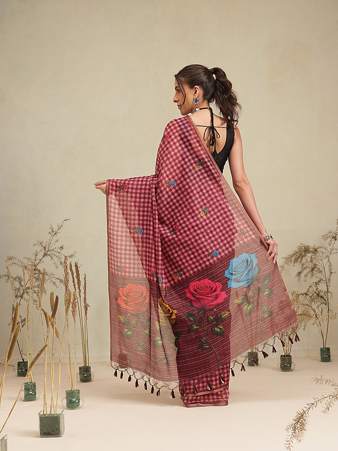 Wine Multicolor Rose Digital Printed Chanderi Saree