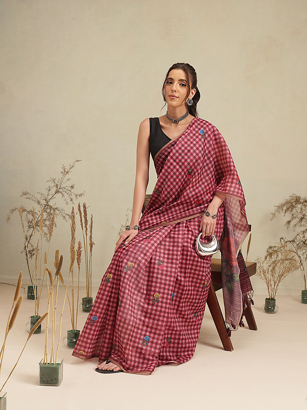 Wine Multicolor Rose Digital Printed Chanderi Saree