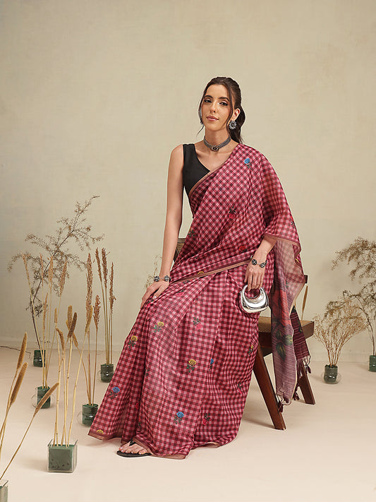 Wine Multicolor Rose Digital Printed Chanderi Saree