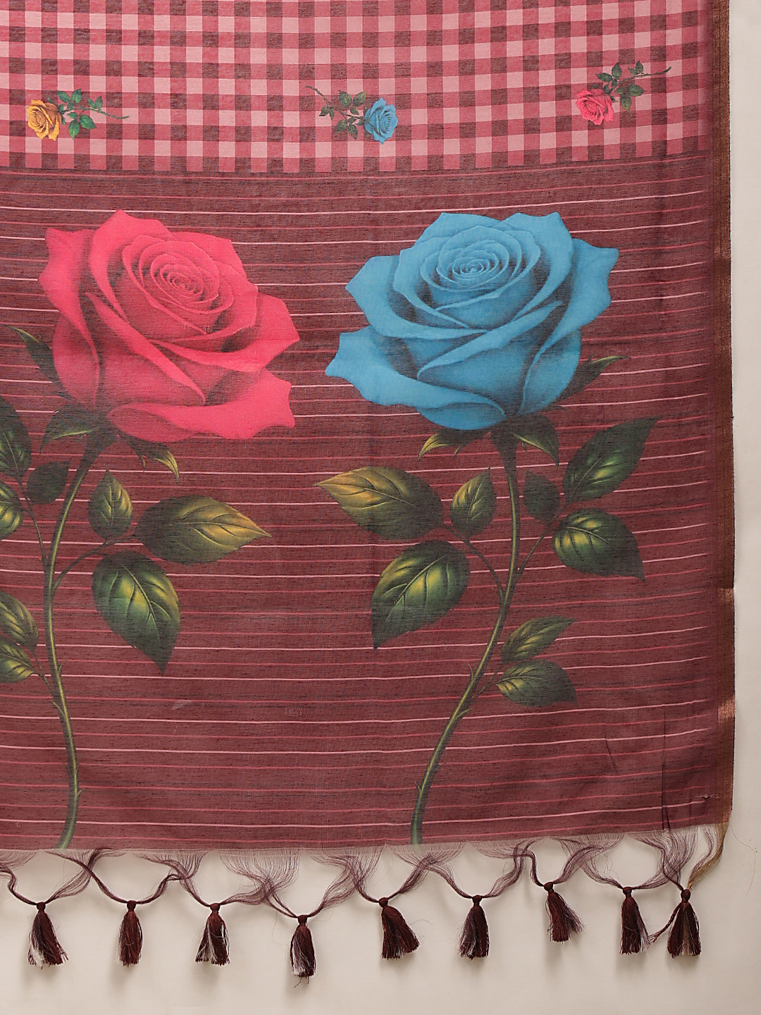 Wine Multicolor Rose Digital Printed Chanderi Saree