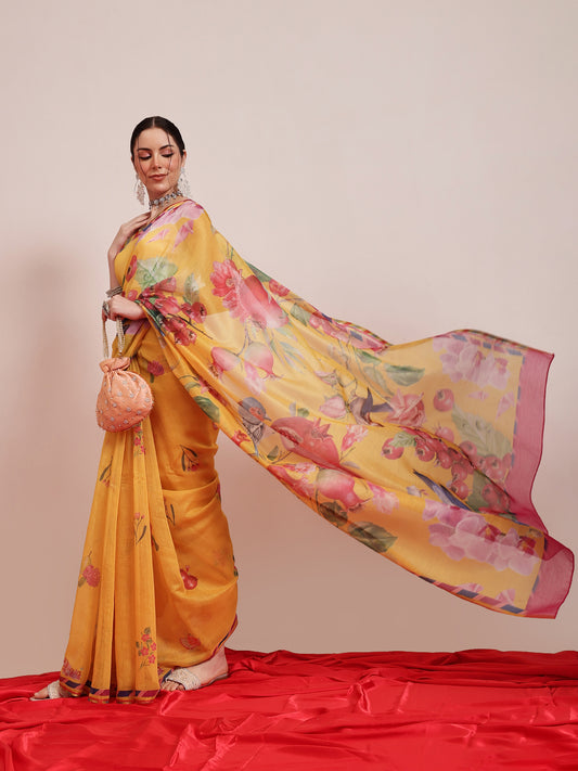 Fruits Printed Chanderi Cotton Saree