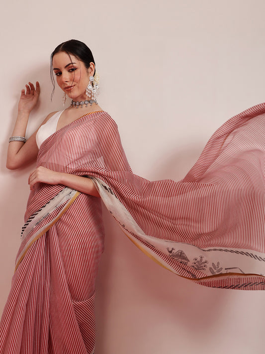 Striped Chanderi Cotton Digital Printed Maroon Saree