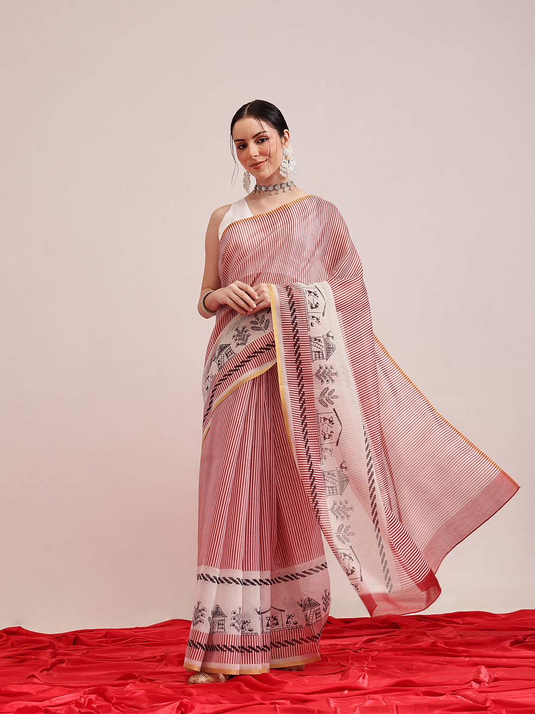 Striped Chanderi Cotton Digital Printed Maroon Saree