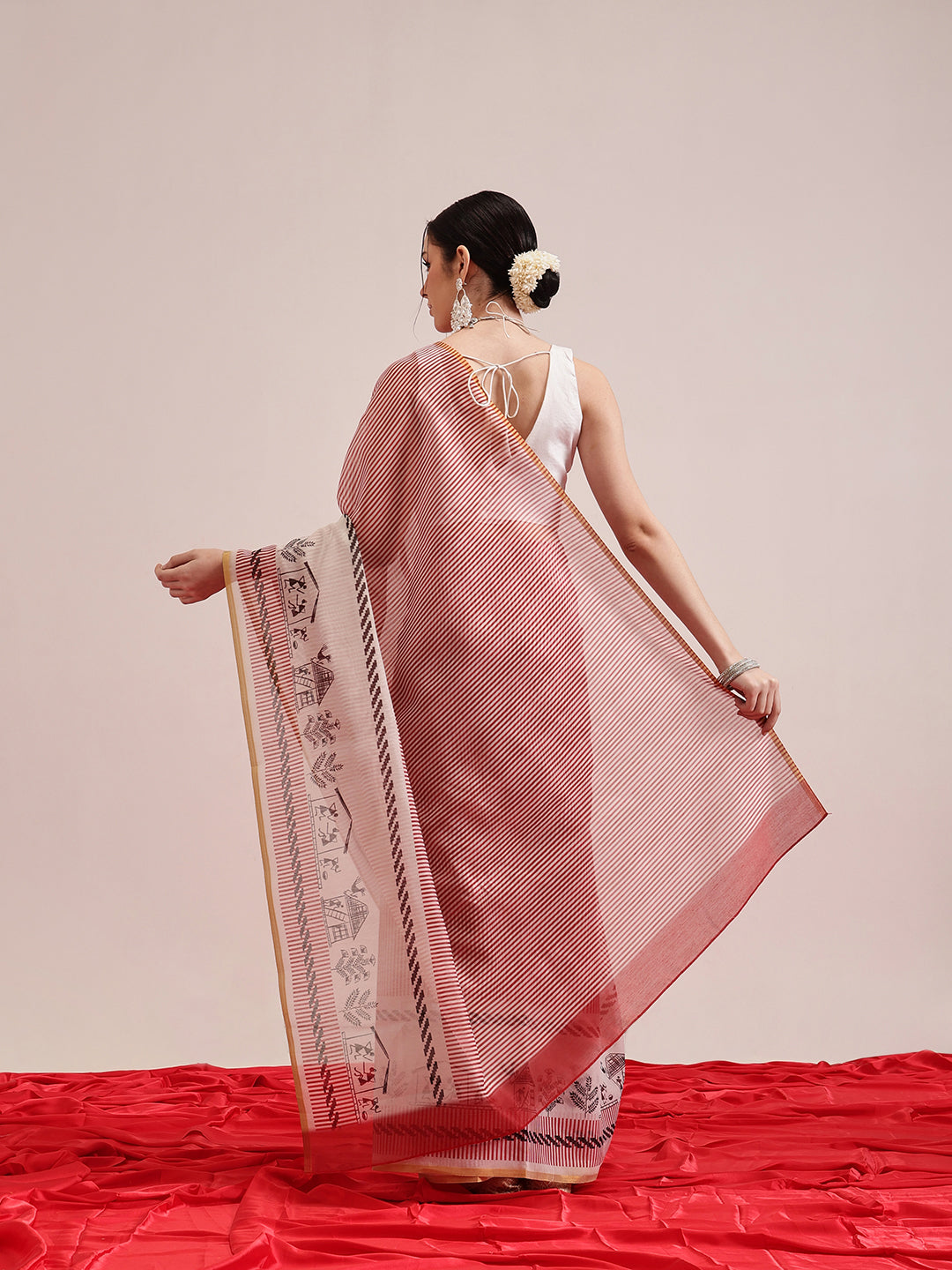 Striped Chanderi Cotton Digital Printed Maroon Saree