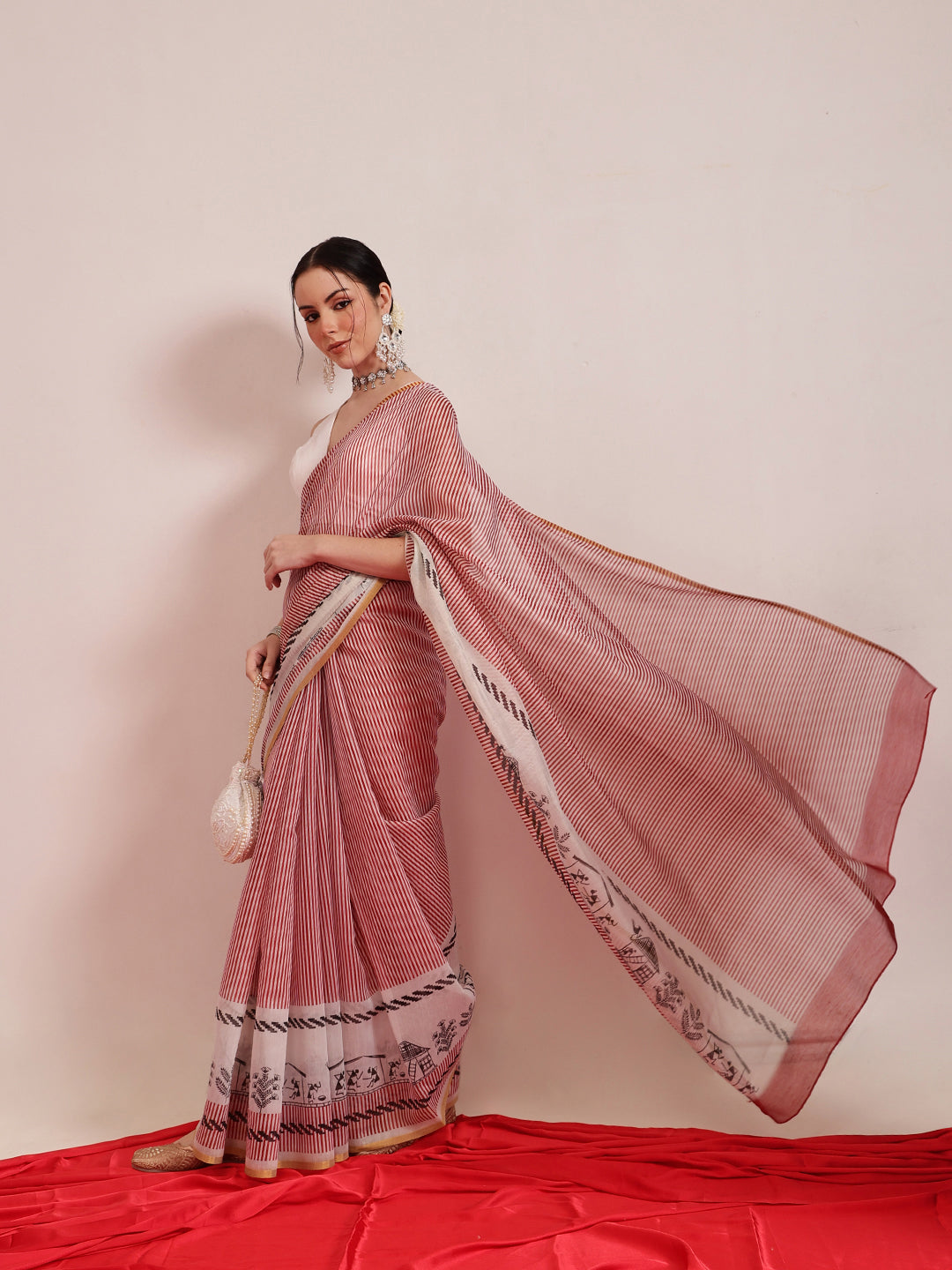 Striped Chanderi Cotton Digital Printed Maroon Saree