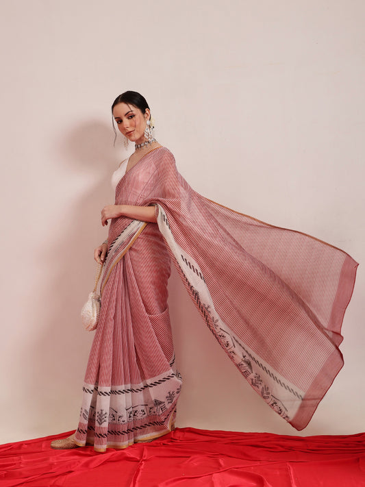 Striped Chanderi Cotton Digital Printed Maroon Saree
