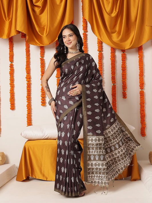 Ajrakh Printed Soft Silk Saree With Unstitched Printed Blouse – Maroon