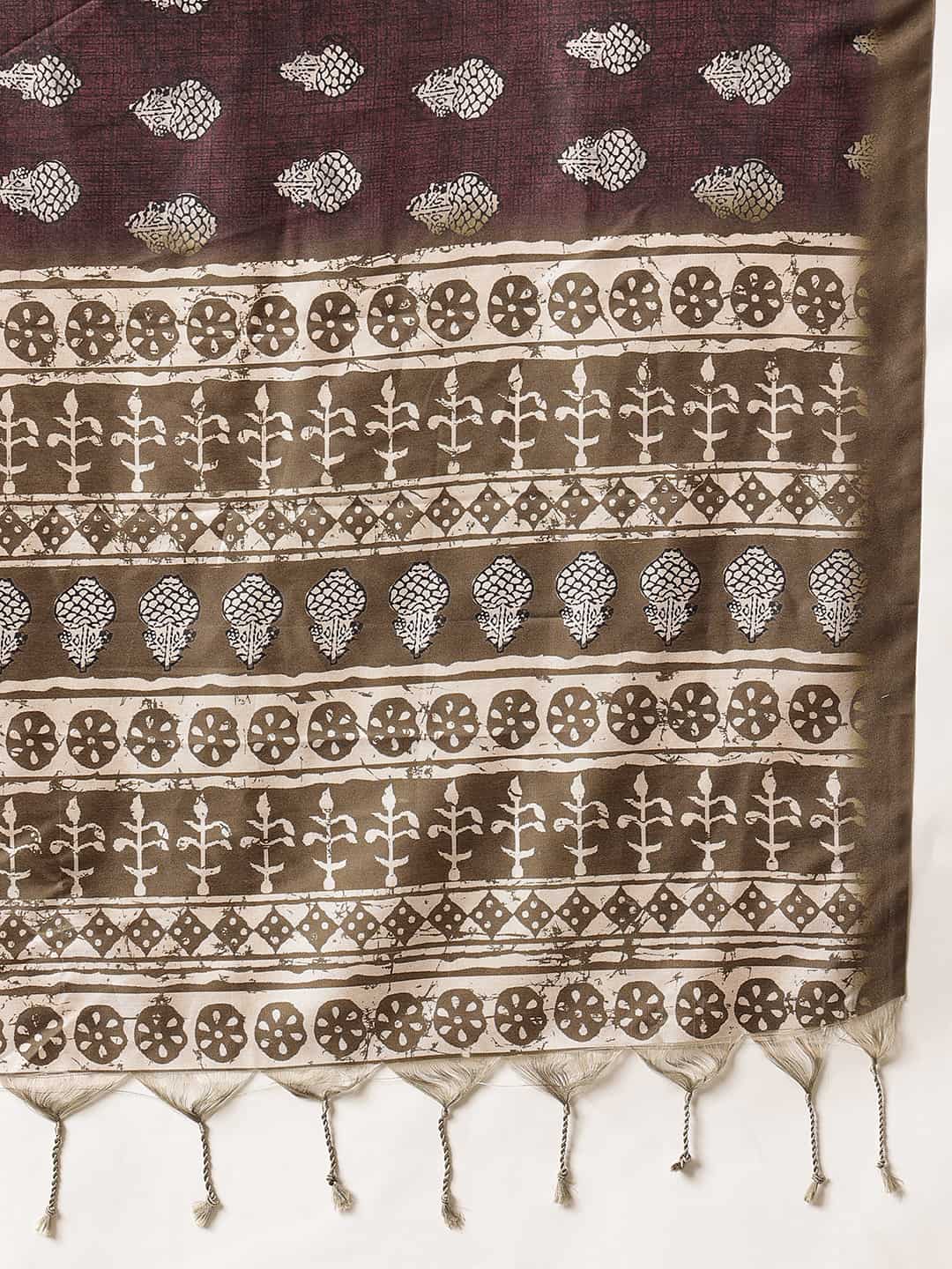 Ajrakh Printed Soft Silk Saree With Unstitched Printed Blouse – Maroon – view 6