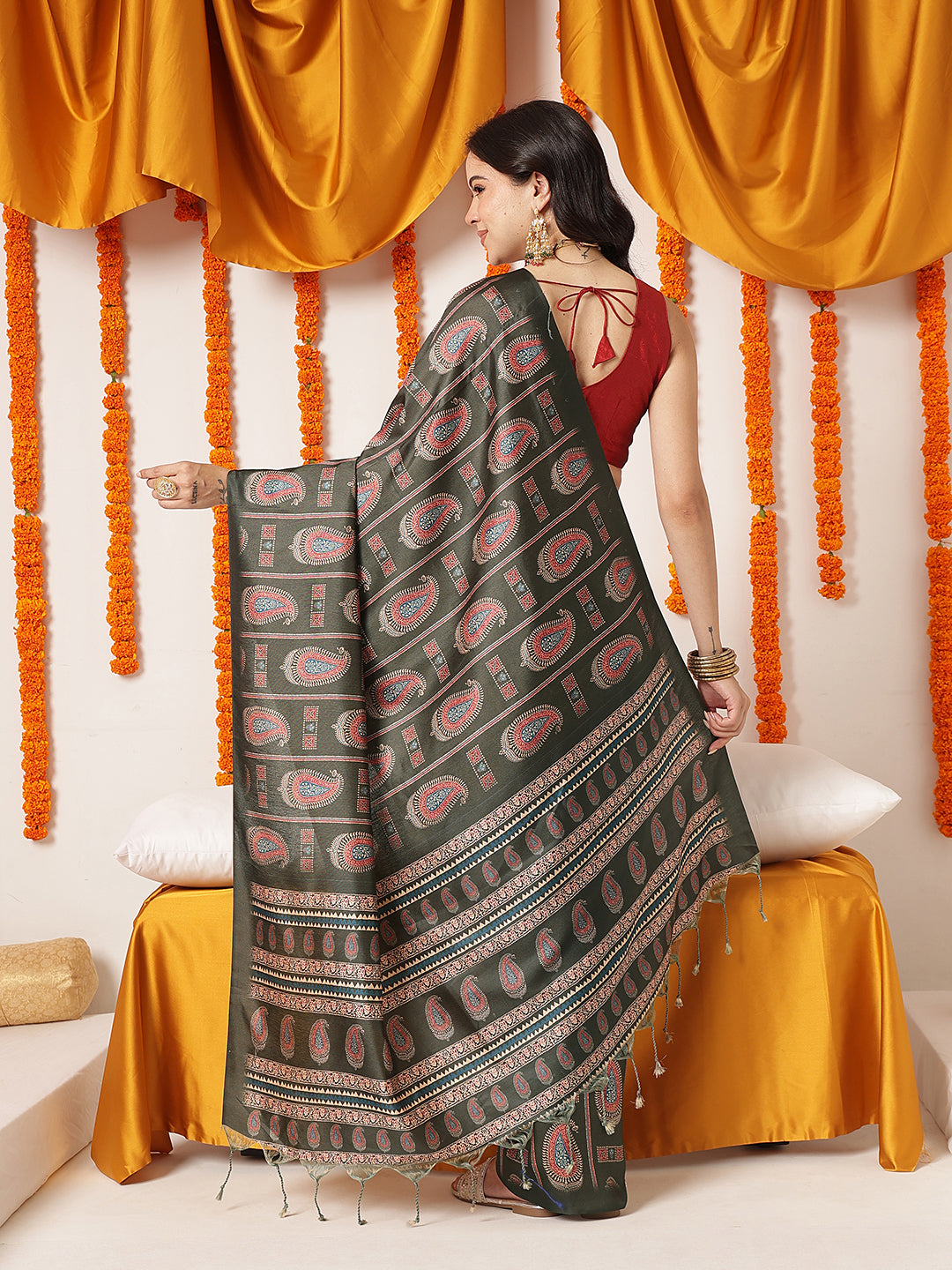 Ajrakh Printed Soft Silk Saree With Unstitched Printed Blouse – Black – view 3