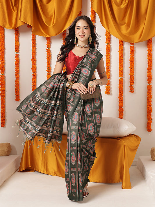 Ajrakh Printed Soft Silk Saree With Unstitched Printed Blouse – Black