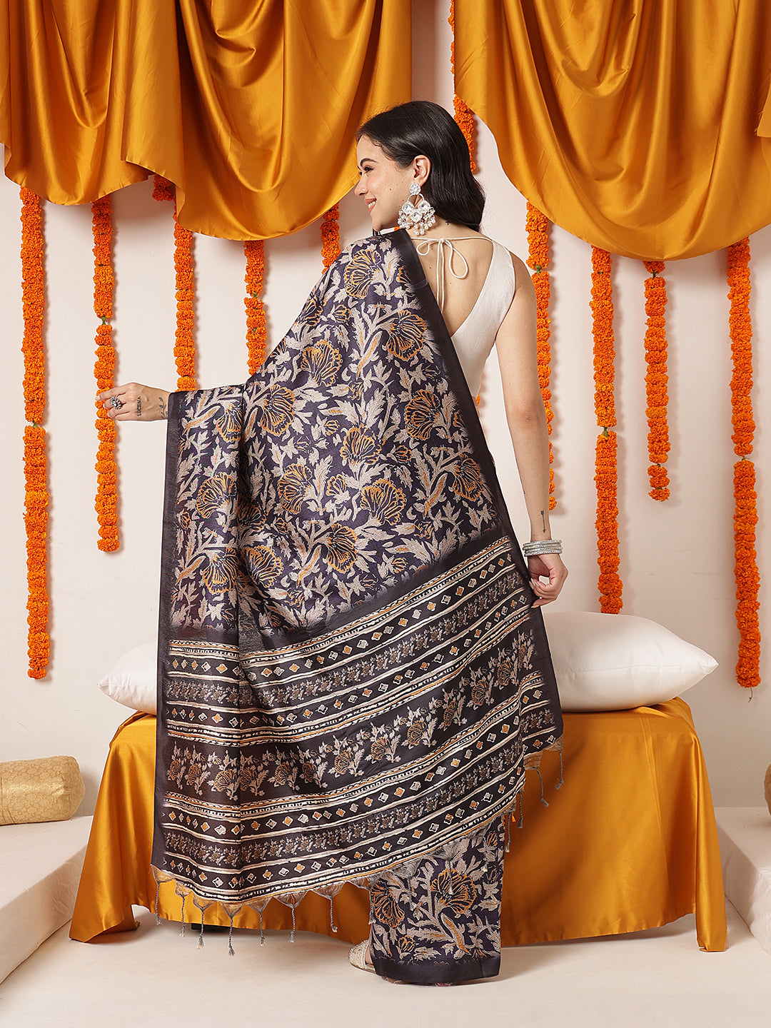 Ajrakh Printed Soft Silk Saree With Unstitched Printed Blouse – Blue – view 3