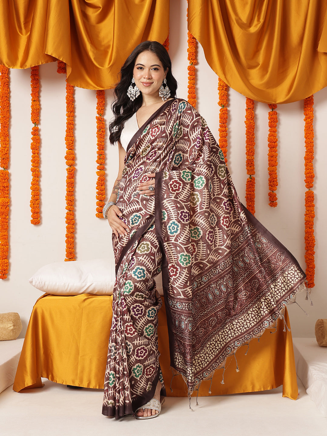 Ajrakh Printed Soft Silk Saree With Unstitched Printed Blouse – Brown