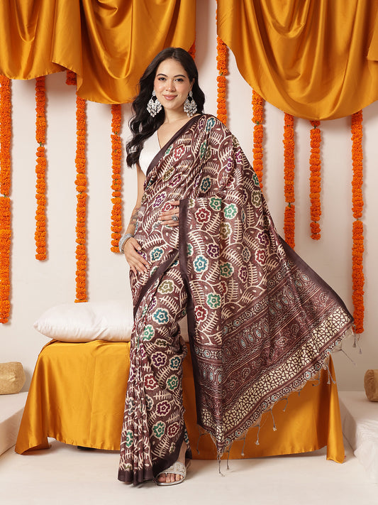 Ajrakh Printed Soft Silk Saree With Unstitched Printed Blouse – Brown