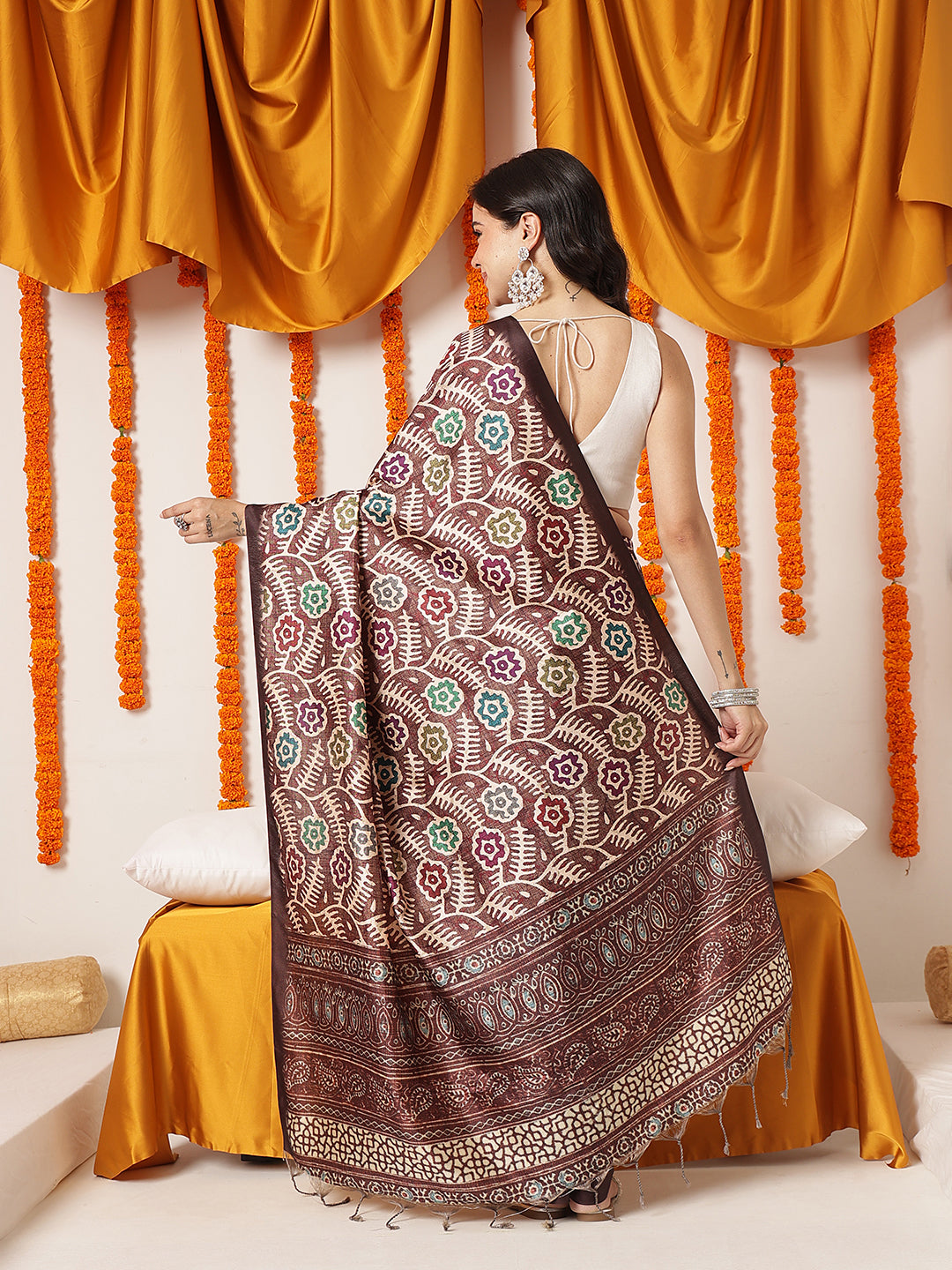 Ajrakh Printed Soft Silk Saree With Unstitched Printed Blouse – Brown – view 3