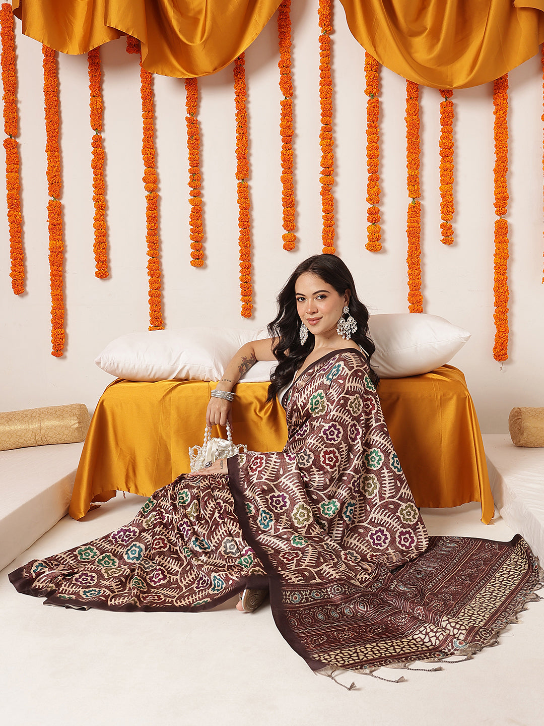 Ajrakh Printed Soft Silk Saree With Unstitched Printed Blouse – Brown – view 2