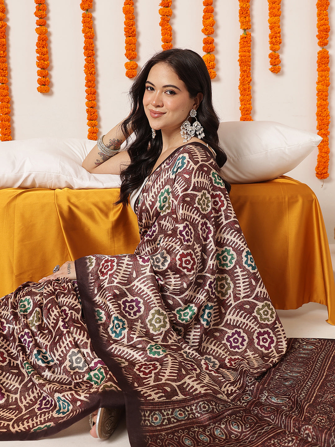 Ajrakh Printed Soft Silk Saree With Unstitched Printed Blouse – Brown – view 4