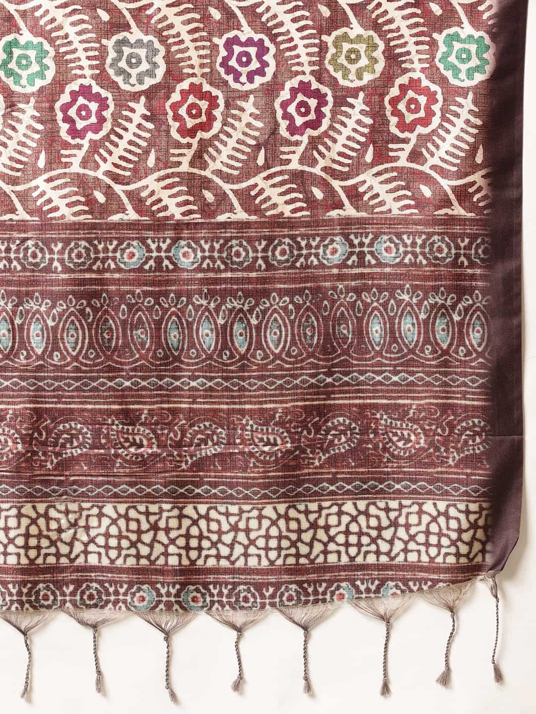 Ajrakh Printed Soft Silk Saree With Unstitched Printed Blouse – Brown – view 6