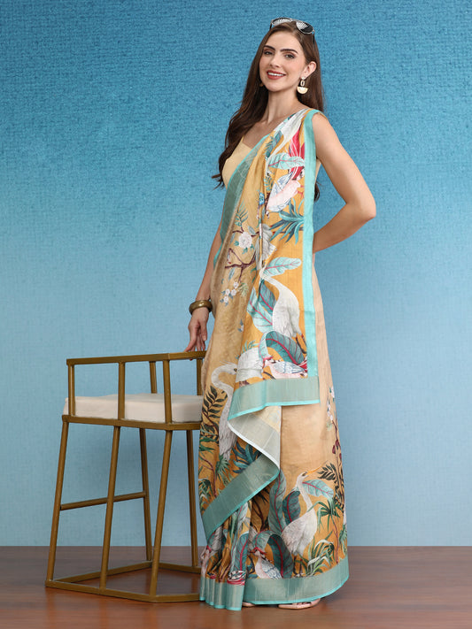 Vibrant Hues Digital Printed Zari Border Silk Saree