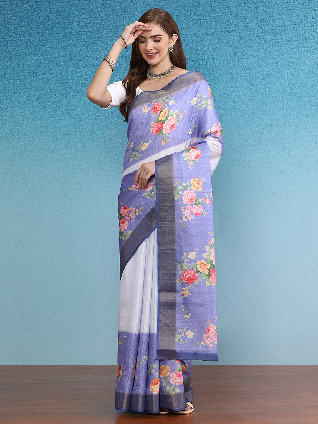 Vibrant Hues Digital Printed Zari Border Silk Saree