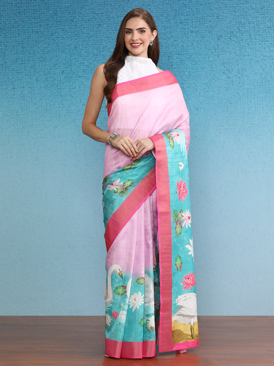 Vibrant Hues Digital Printed Zari Border Silk Saree