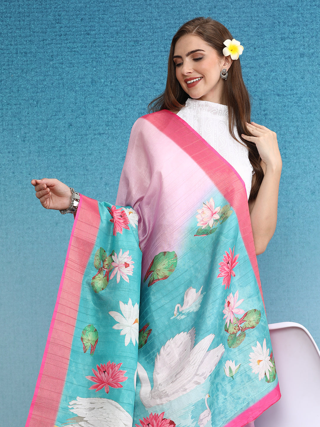 Vibrant Hues Digital Printed Zari Border Silk Saree