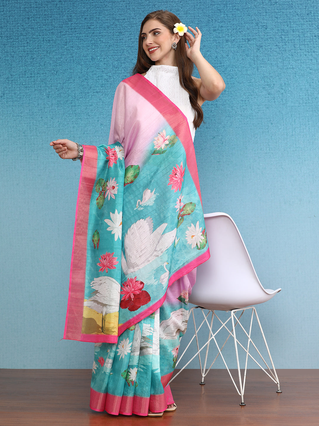 Vibrant Hues Digital Printed Zari Border Silk Saree