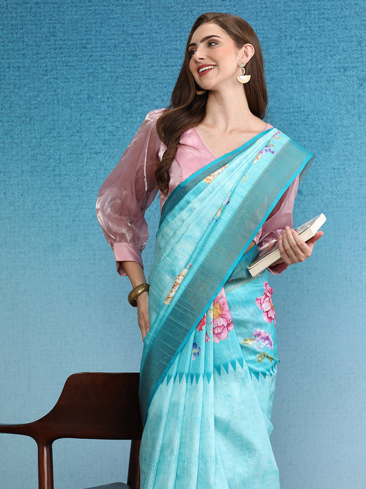 Vibrant Hues Digital Printed Zari Border Silk Saree