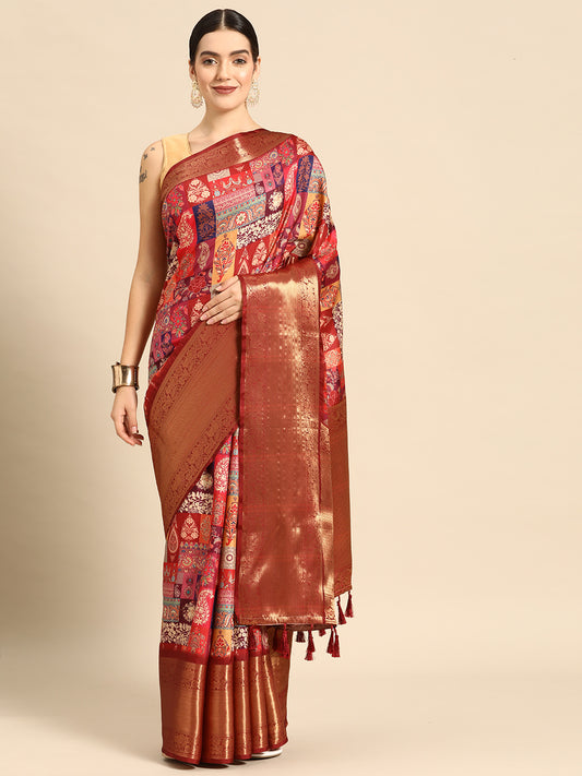 Kanchipuram Pattu Silk Zari Woven Digital Print Saree