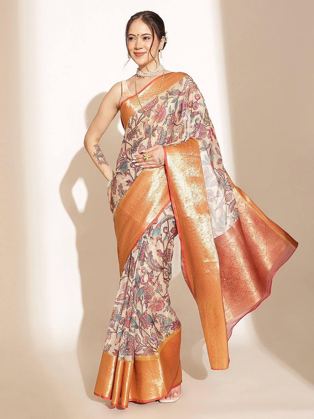 Digital Printed Kalamkari Chanderi Silk Saree With Woven Border & Rich Pallu