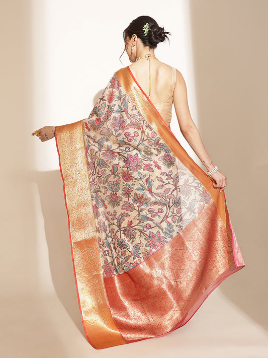 Digital Printed Kalamkari Chanderi Silk Saree With Woven Border & Rich Pallu