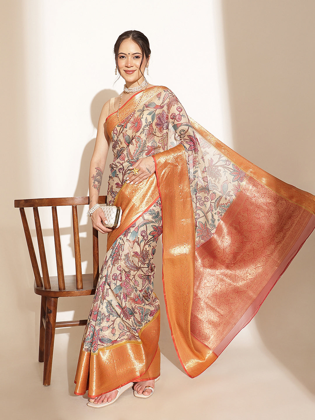 Digital Printed Kalamkari Chanderi Silk Saree With Woven Border & Rich Pallu