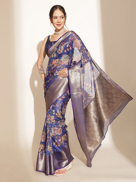 Digital Printed Kalamkari Chanderi Silk Saree With Woven Border & Rich Pallu