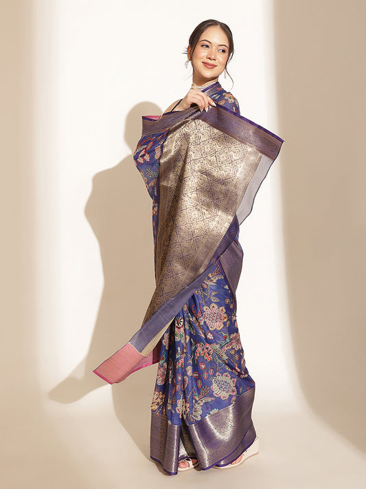 Digital Printed Kalamkari Chanderi Silk Saree With Woven Border & Rich Pallu