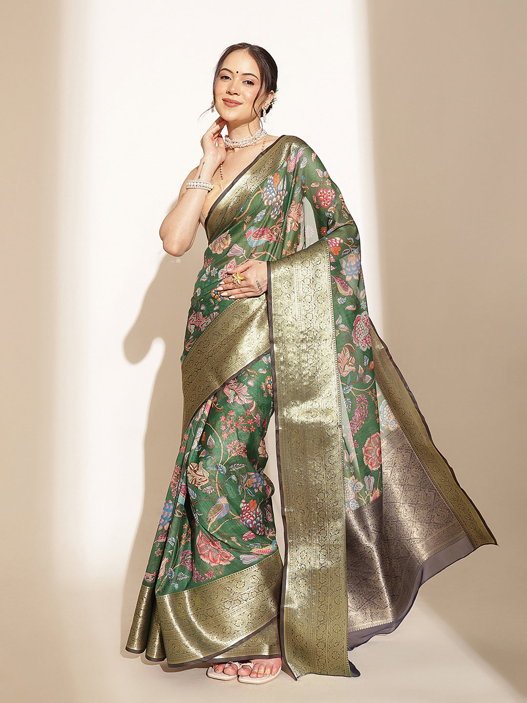 Digital Printed Kalamkari Chanderi Silk Saree With Woven Border & Rich Pallu