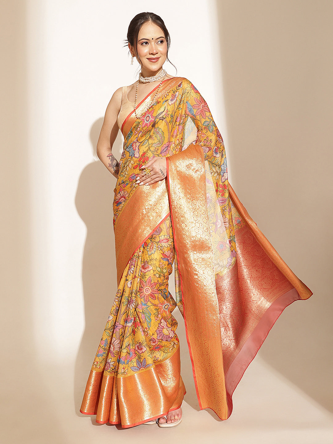 Digital Printed Kalamkari Chanderi Silk Saree With Woven Border & Rich Pallu