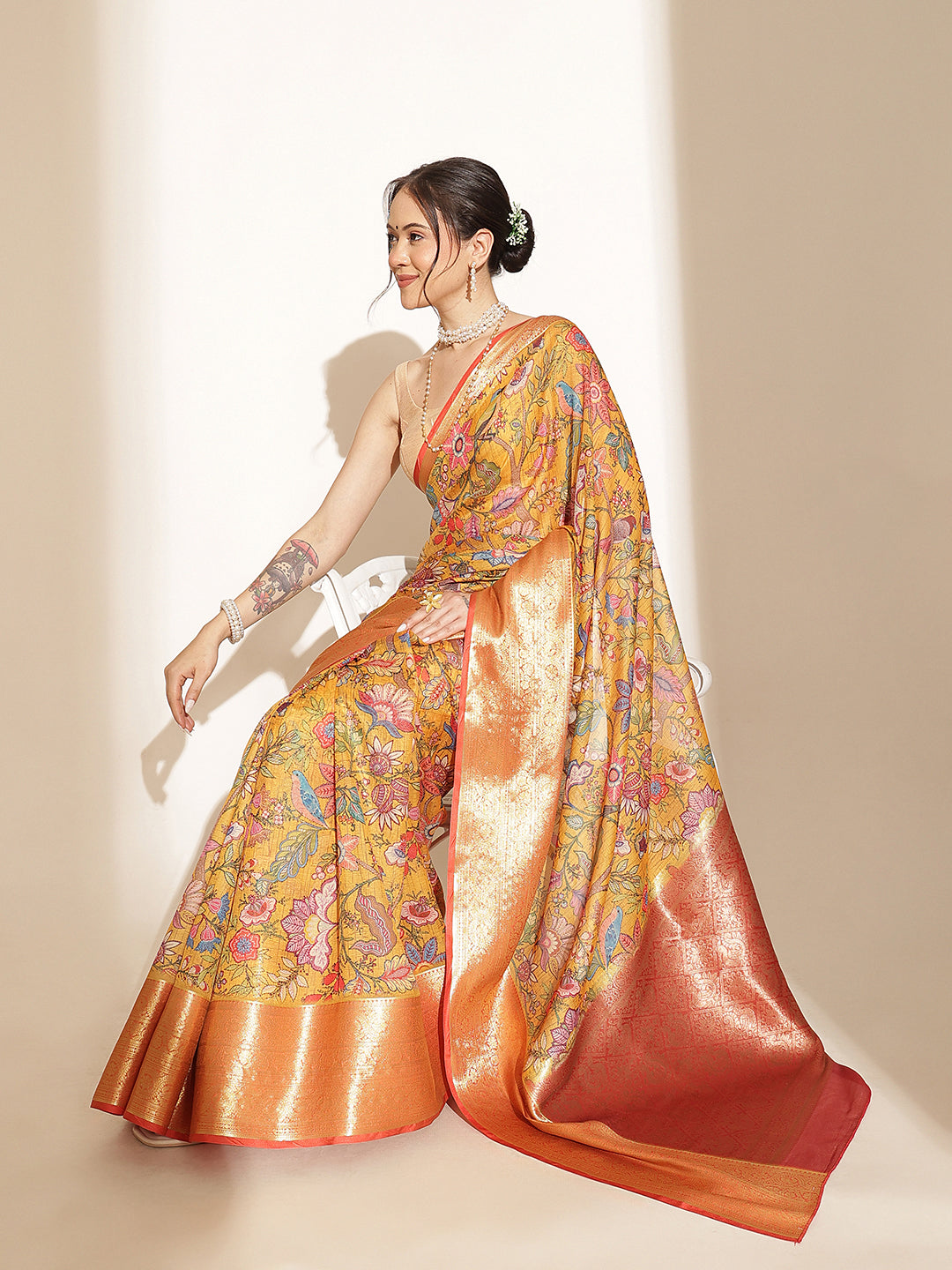 Digital Printed Kalamkari Chanderi Silk Saree With Woven Border & Rich Pallu
