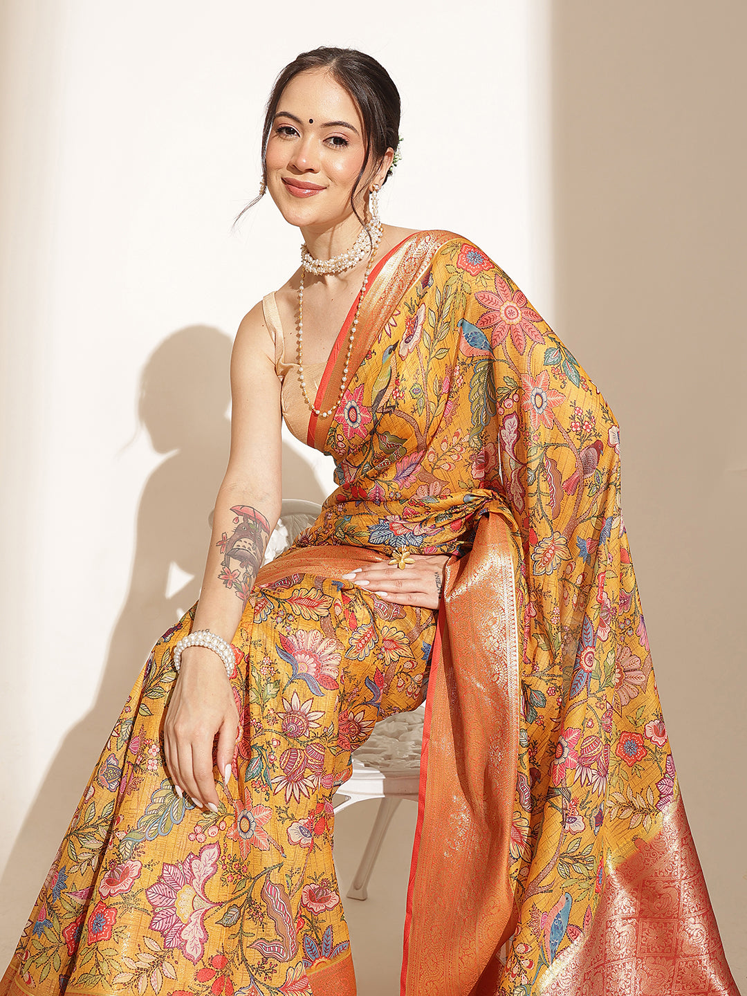 Digital Printed Kalamkari Chanderi Silk Saree With Woven Border & Rich Pallu