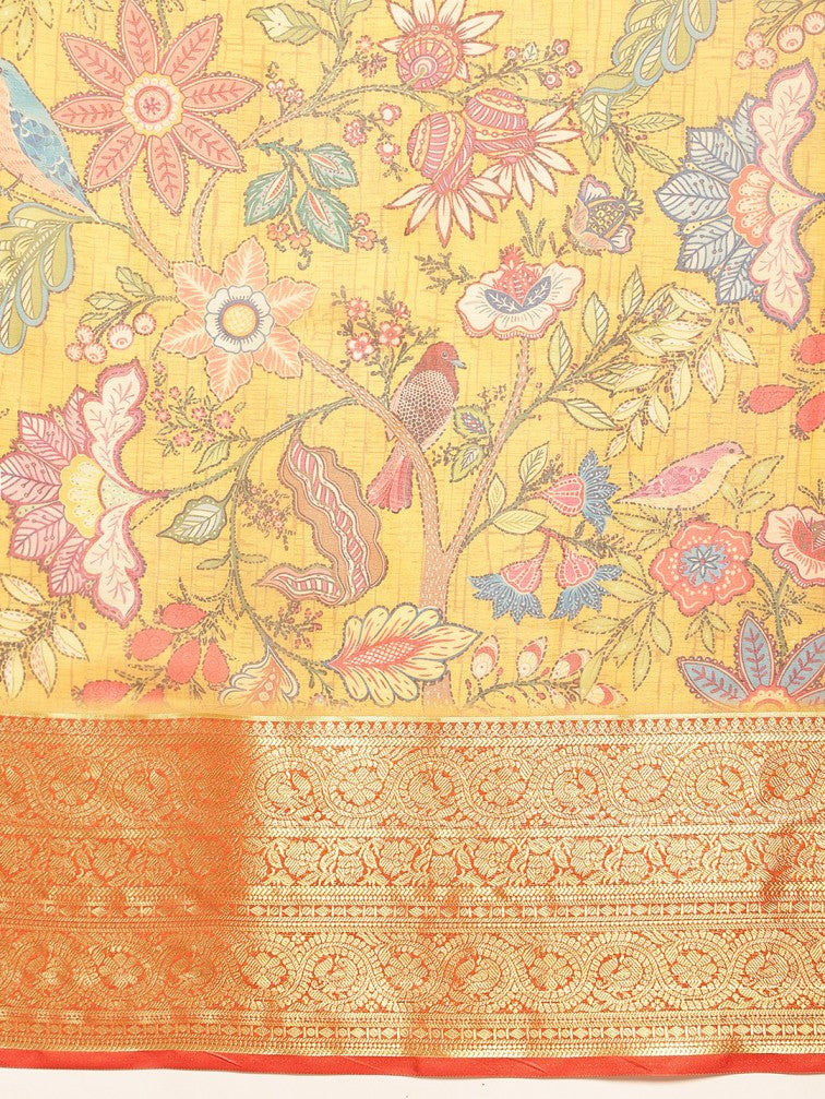 Digital Printed Kalamkari Chanderi Silk Saree With Woven Border & Rich Pallu