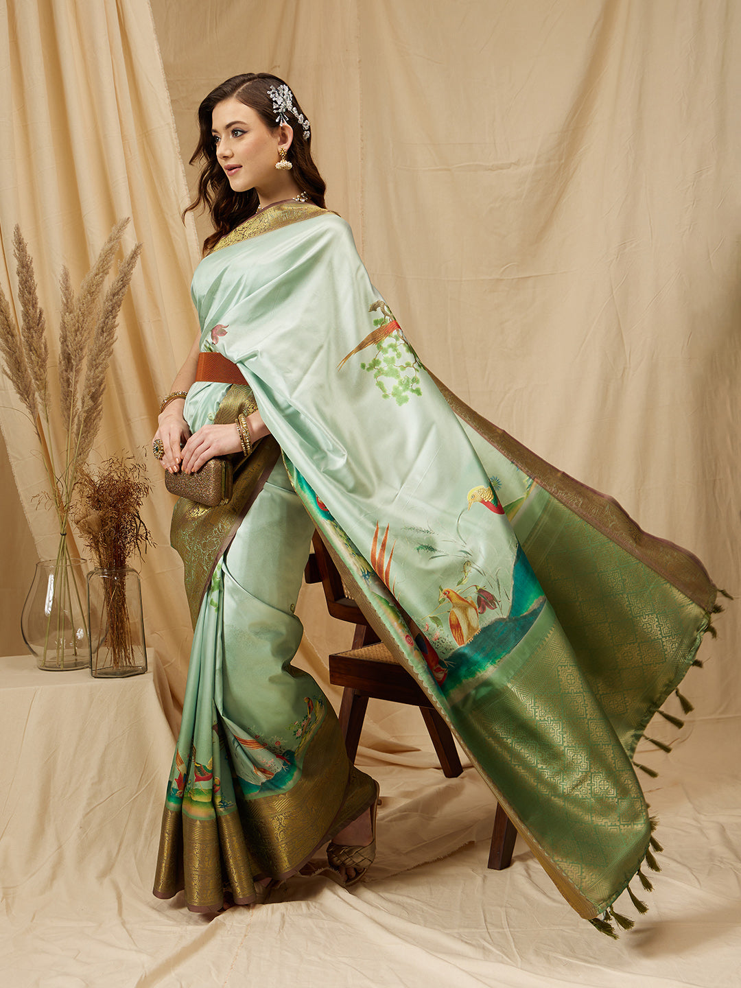 Kanjeevaram Soft Silk Floral Printed Saree With Tassel