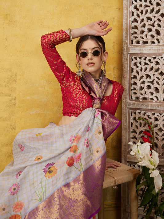 Digital Printed Muga Silk Checks Saree