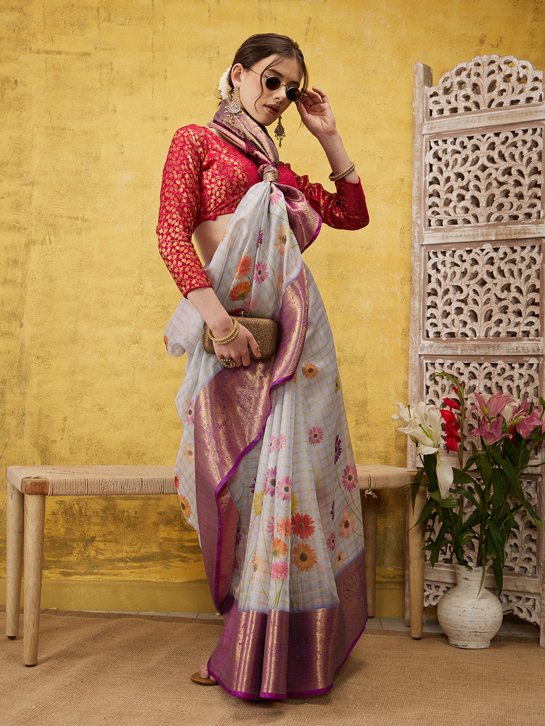 Digital Printed Muga Silk Checks Saree