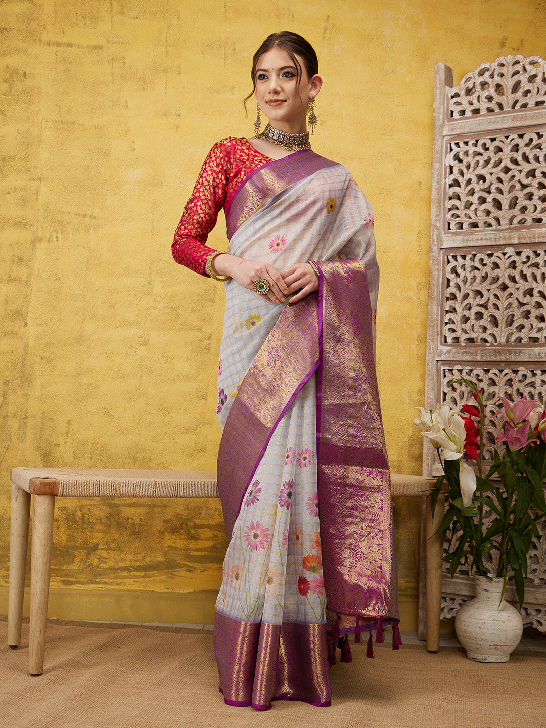 Digital Printed Muga Silk Checks Saree