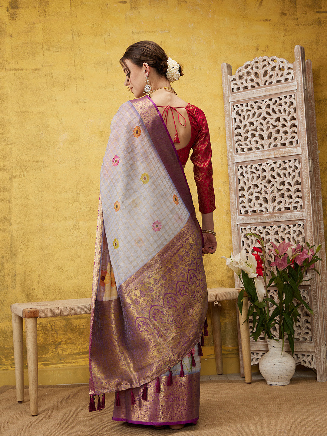 Digital Printed Muga Silk Checks Saree