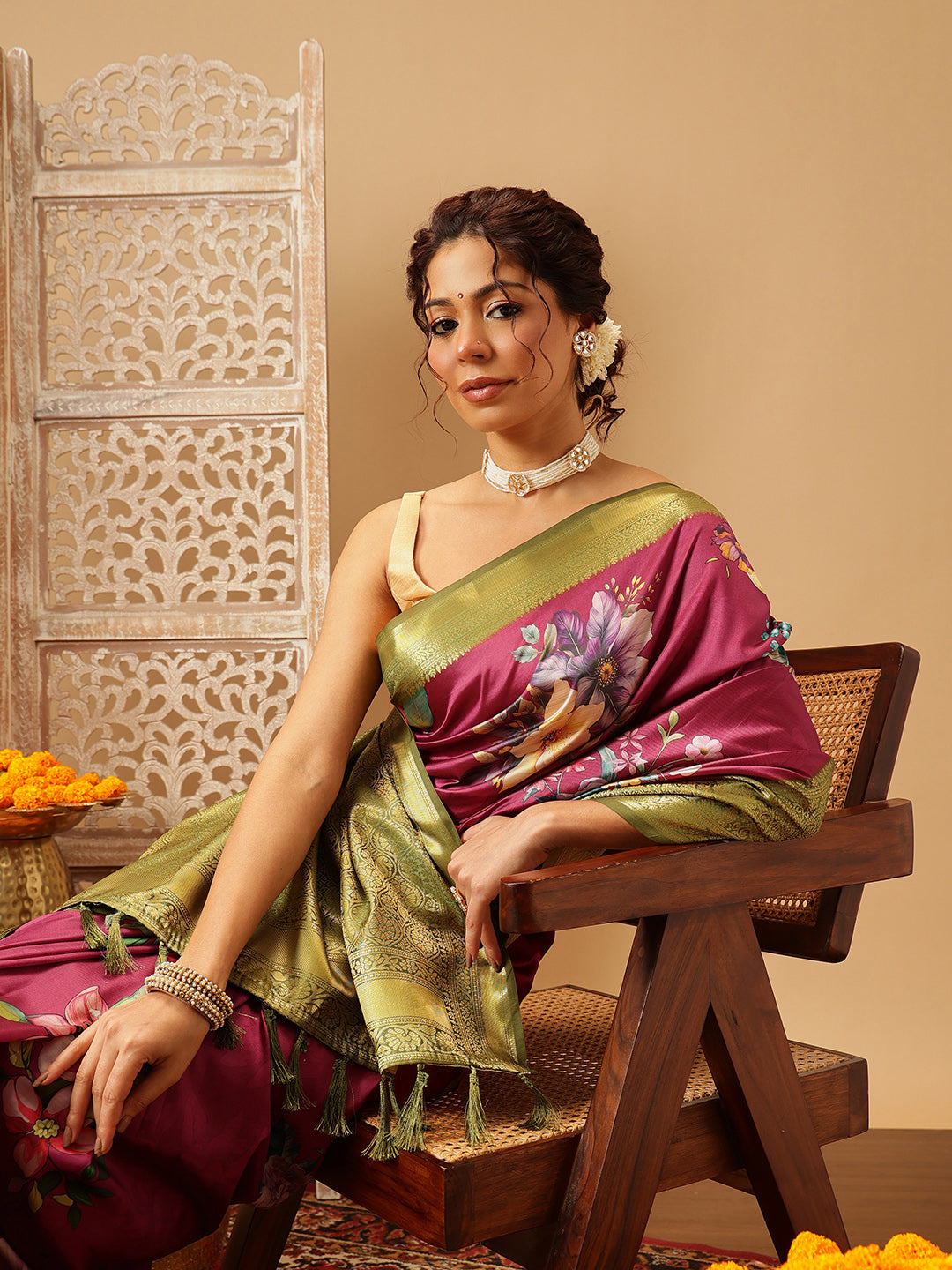 Prism Violet Zari Woven Banarasi Soft Silk Saree With Floral Digital Print