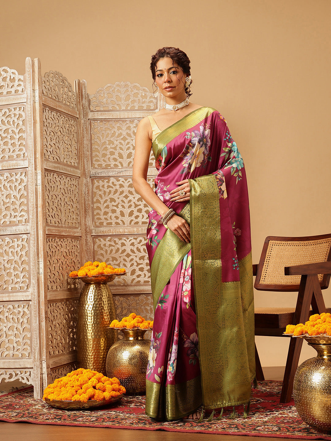 Prism Violet Zari Woven Banarasi Soft Silk Saree With Floral Digital Print