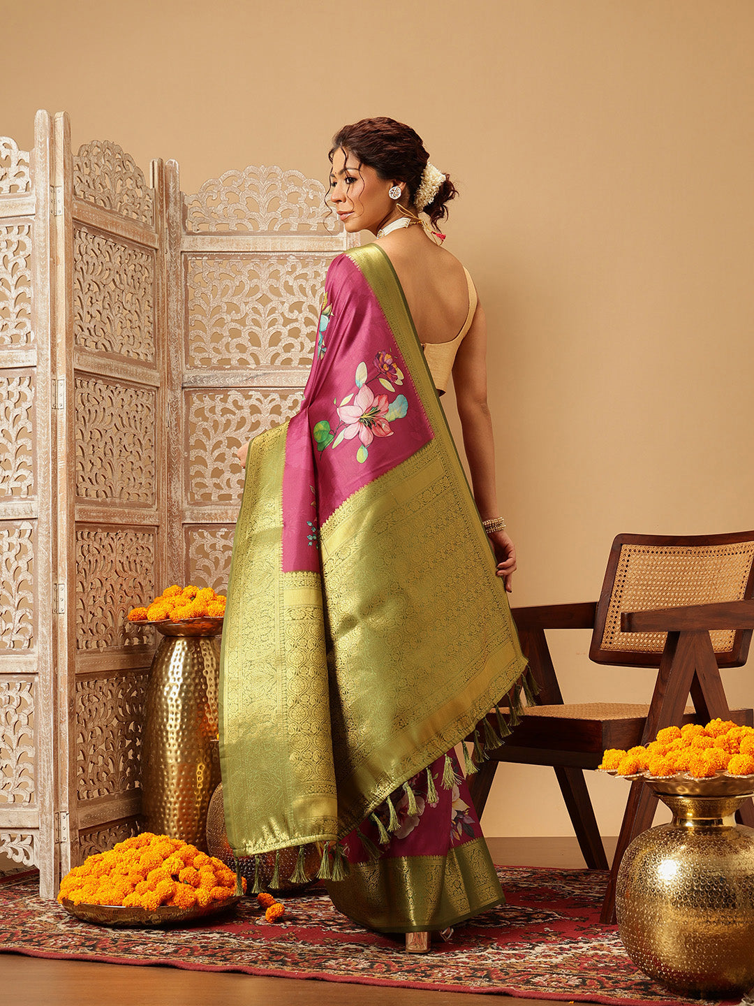 Prism Violet Zari Woven Banarasi Soft Silk Saree With Floral Digital Print