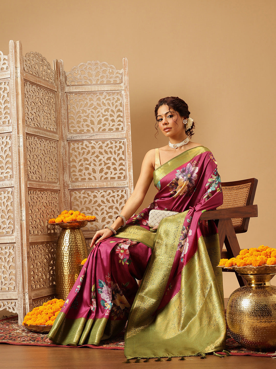 Prism Violet Zari Woven Banarasi Soft Silk Saree With Floral Digital Print