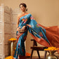 Woven Banarasi Soft Silk Heritage Blue Saree With Floral Digital Print