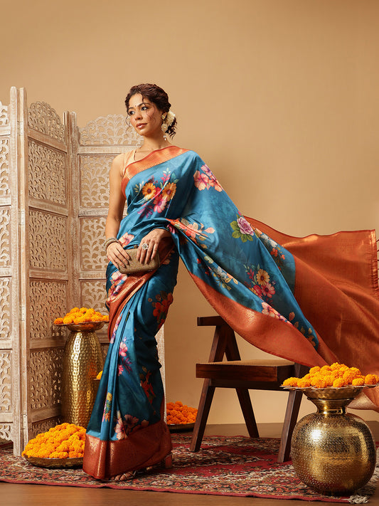 Woven Banarasi Soft Silk Heritage Blue Saree With Floral Digital Print