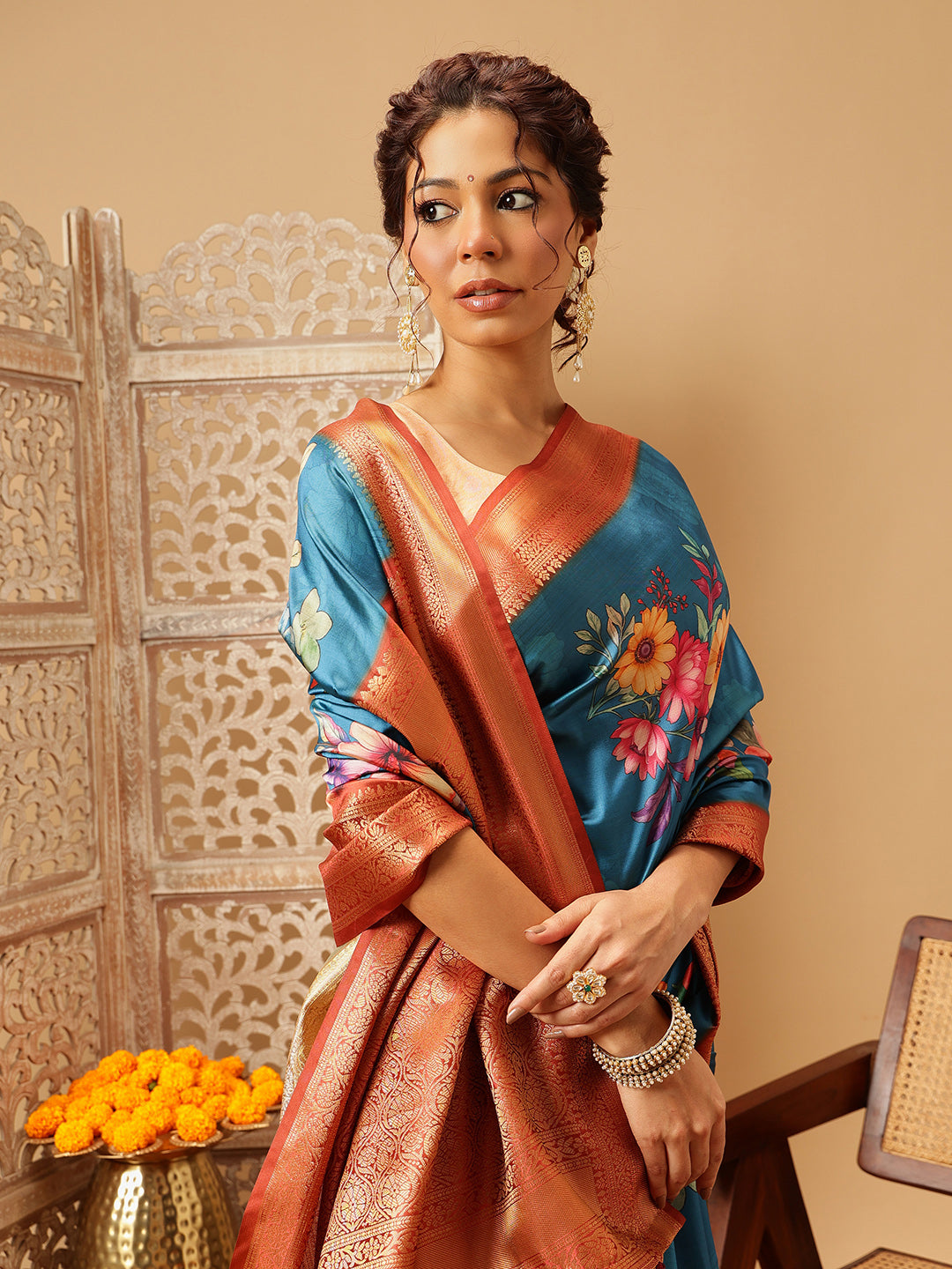 Woven Banarasi Soft Silk Heritage Blue Saree With Floral Digital Print